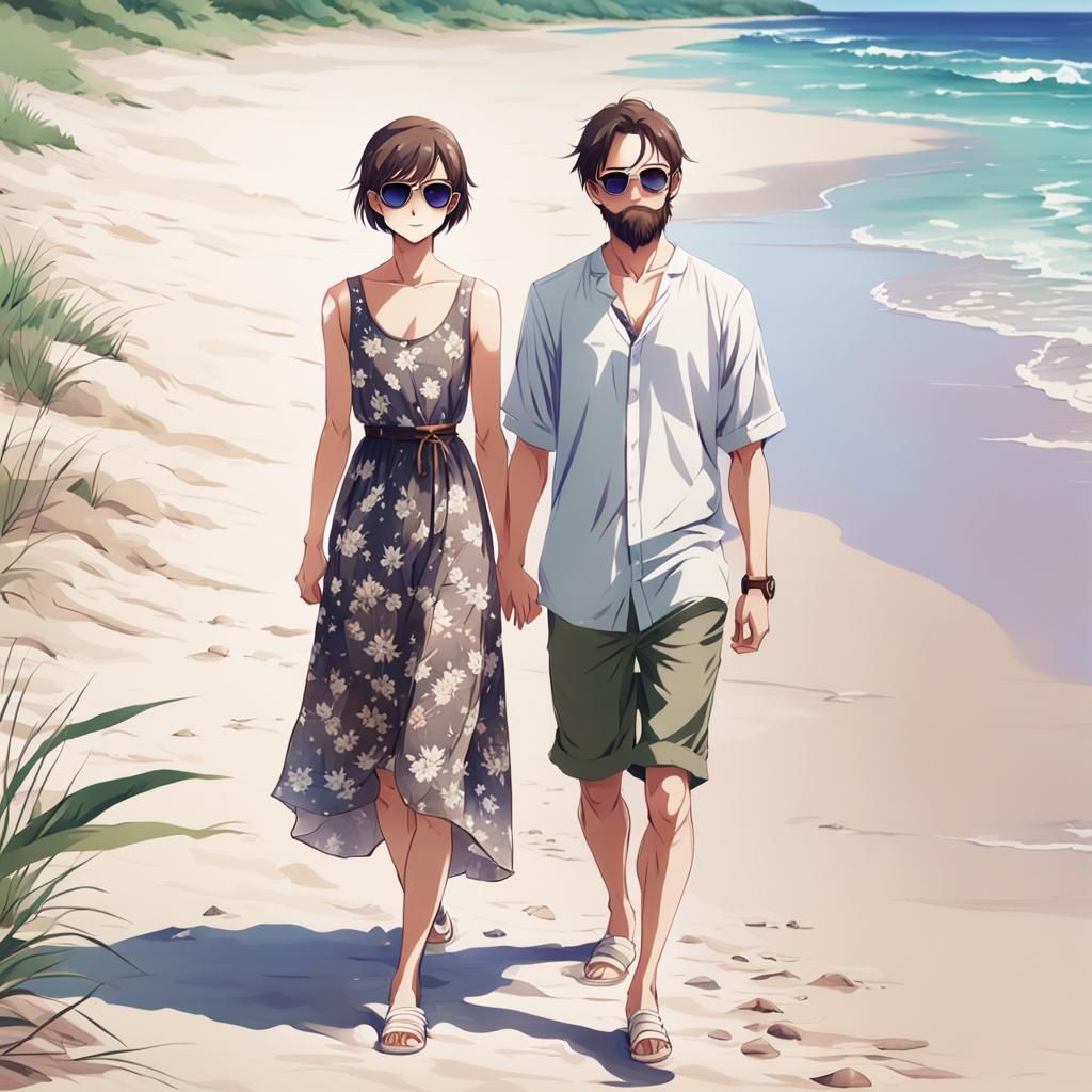Couple on Beach in Anime Style