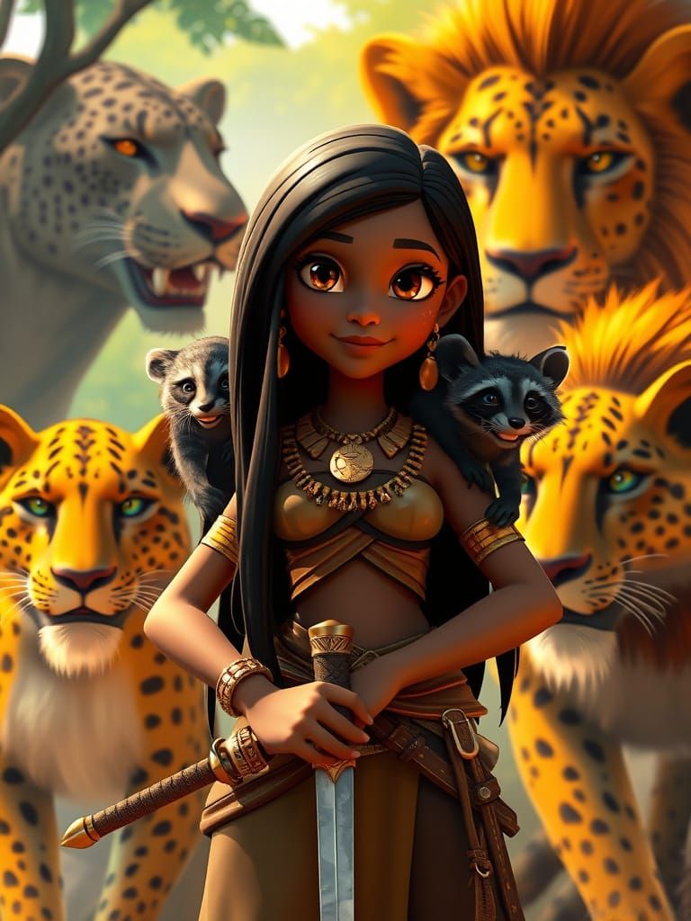 African Princess Warrior in Vibrant 3D Cartoon Style