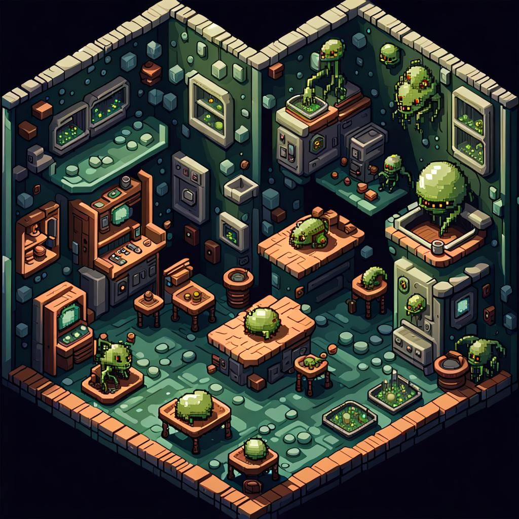 Isometric Pixel Art Alien Spaceship Interior
