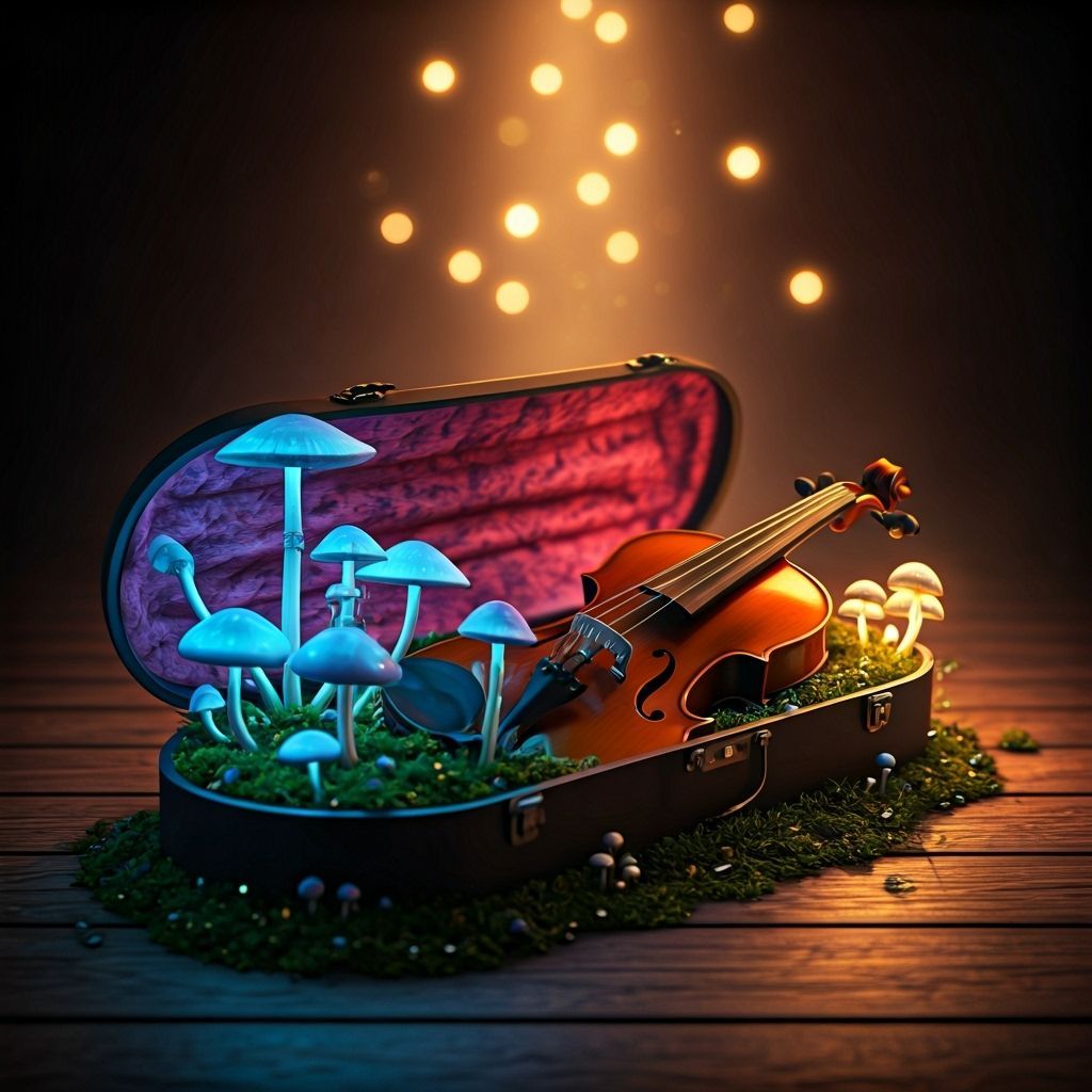 Violin Box with Moss and Glowing Mushrooms