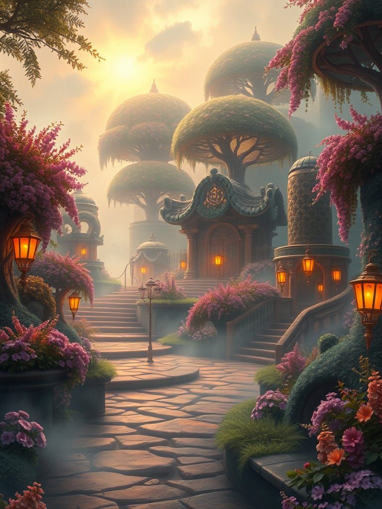 Dreamy Gardens of Heaven in Whimsical Fantasy Style