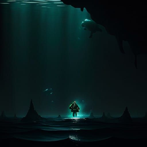 Diver Descends into Bioluminescent Abyss