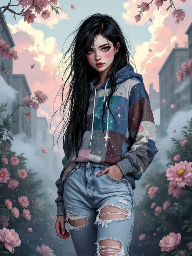 Surreal Portrait of Woman in Galaxy Hoodie