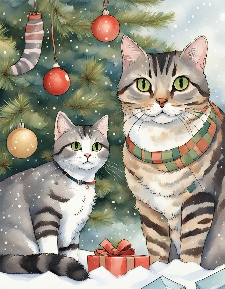 Cats by Christmas Tree in Sarah Kay Style