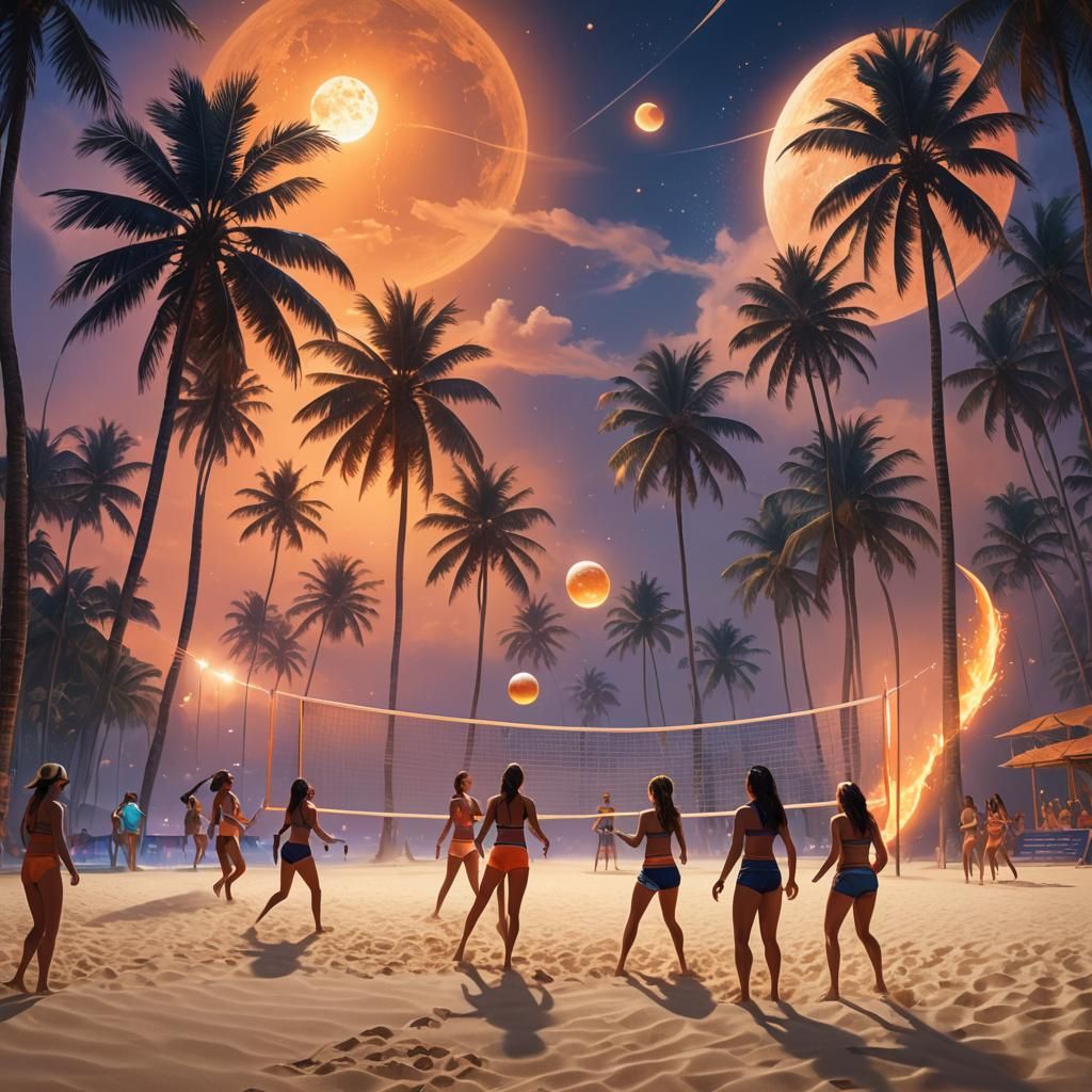 Mystical Beach Volleyball in Fantasy Landscape