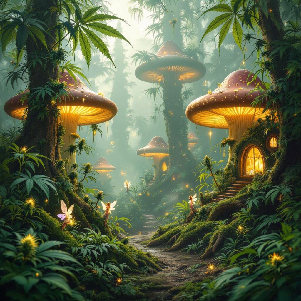Enchanted Marijuana Fairy Forest with Glowing Mushrooms