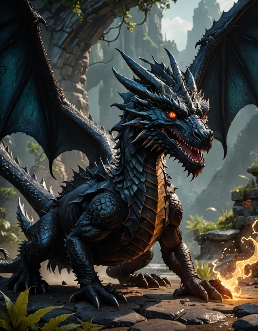 Young Black Dragon Unleashes Breath Weapon