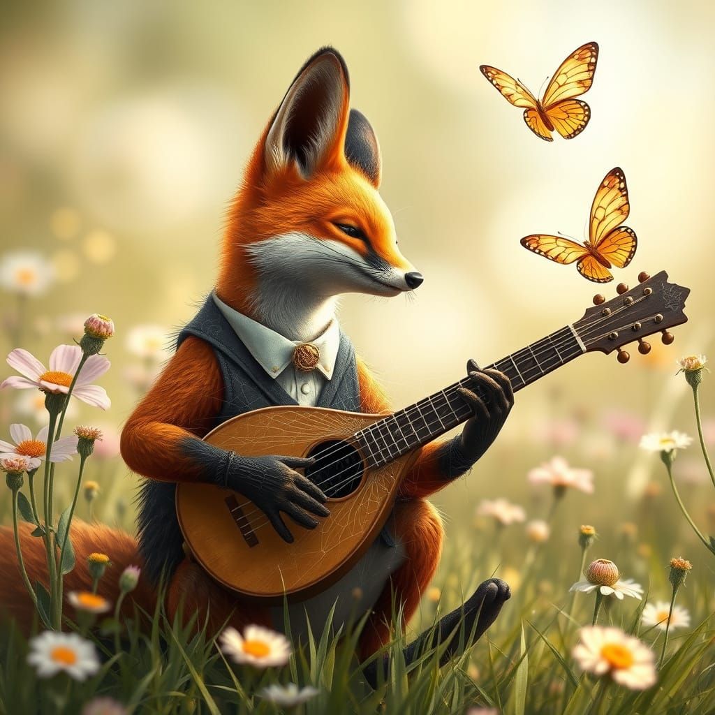 Anthropomorphic Fox Plays Lute in Sun-Dappled Meadow
