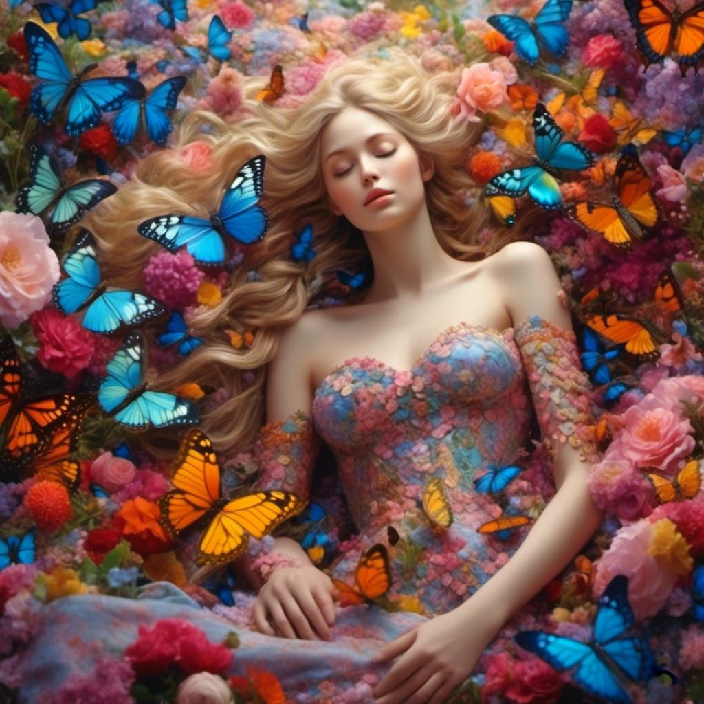 Colorful Fairy Sleeping on Flowers