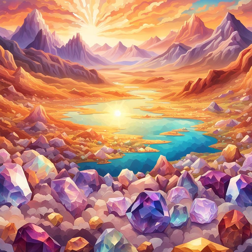 Sweeping Fantasy Landscape with Gemstone Hills and Crystal L...