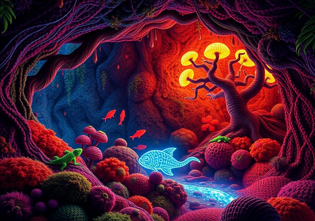 Vibrant Bioluminescent Crochet Cavern Digital Art