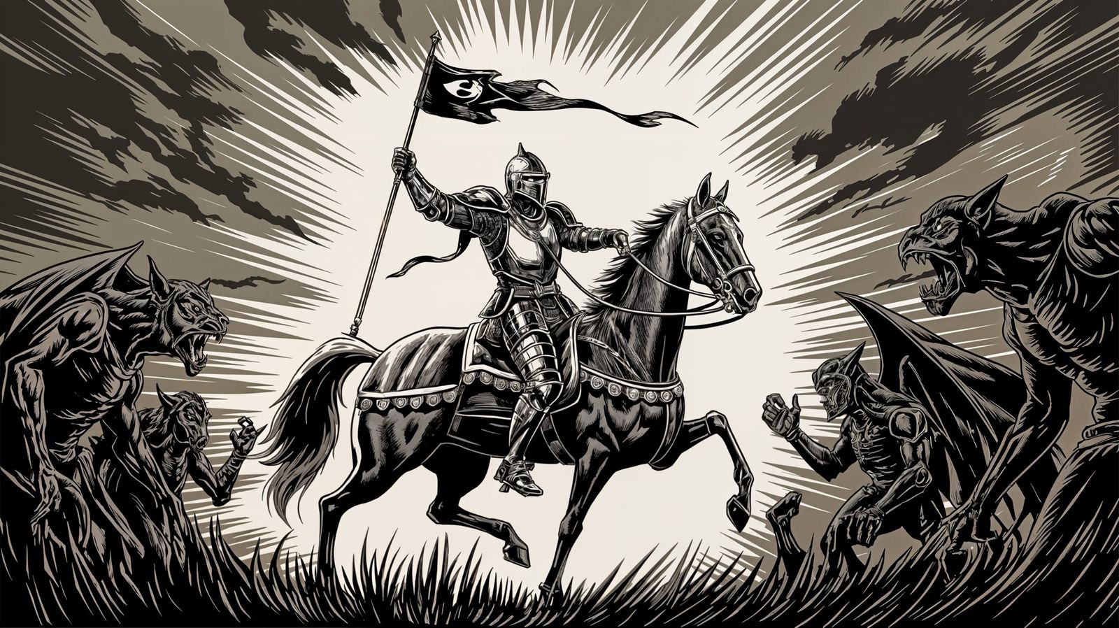 Armored Knight Rides Through Stormy Skies in Black and White...