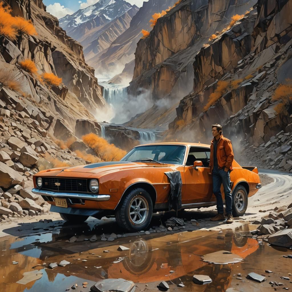 Classic Camaro in Hunza Valley: Watercolor Impasto