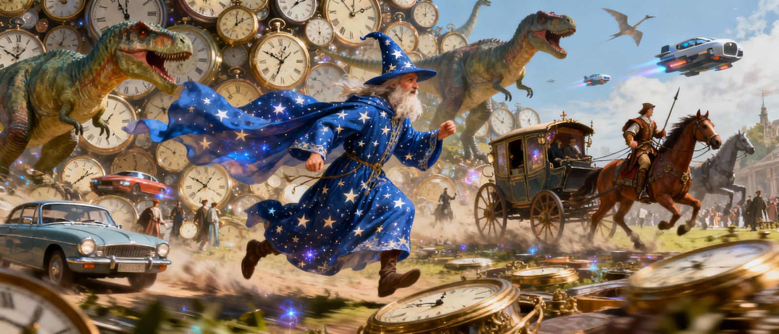 Wizard Time Travels Through Eras with Dinosaurs and Flying C...