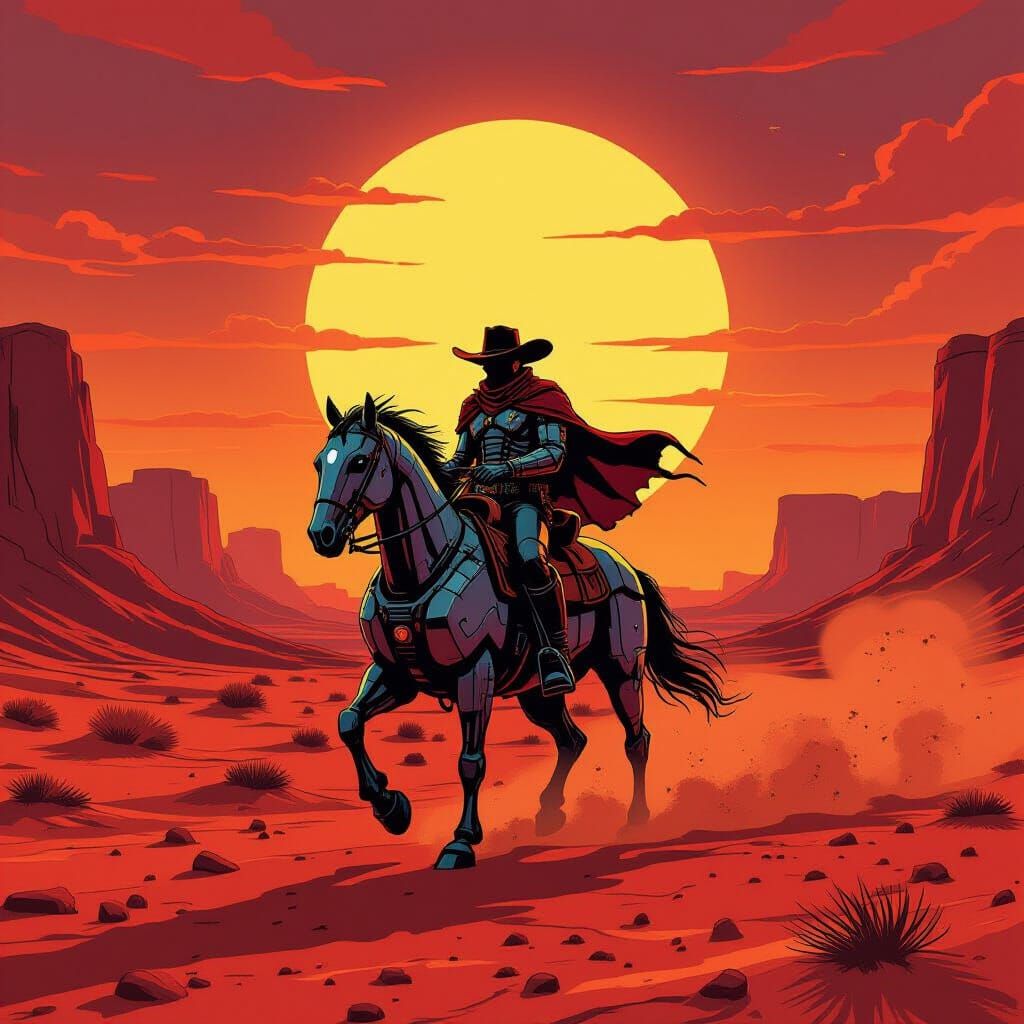 Cybernetic Cowboy on Mars in Comic Book Style