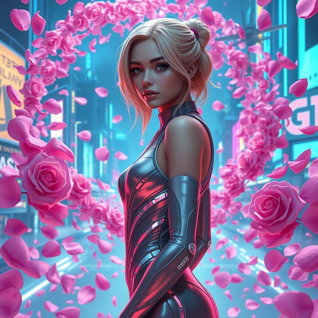 Cyberpunk Girl in Rose Petal Vortex