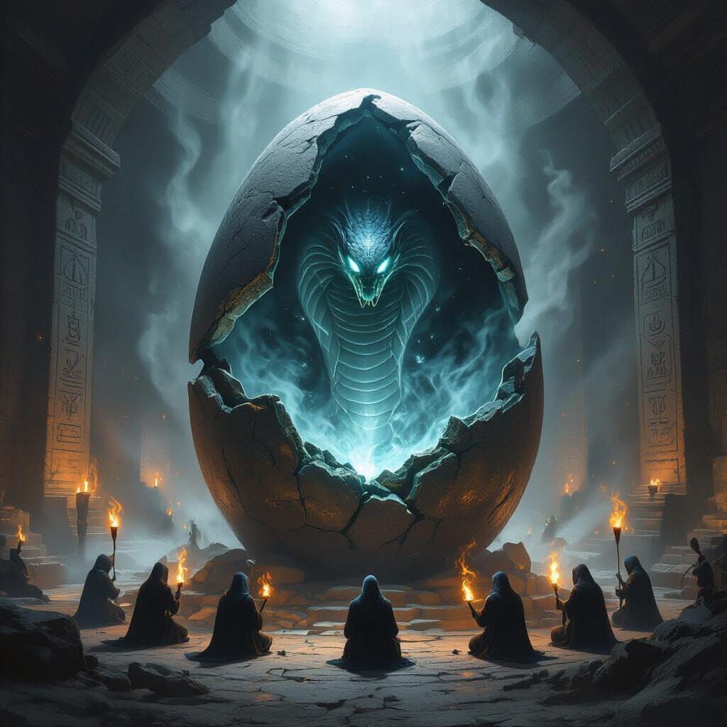 Dark Fantasy Temple: Night Serpent Emerges from Stone Egg