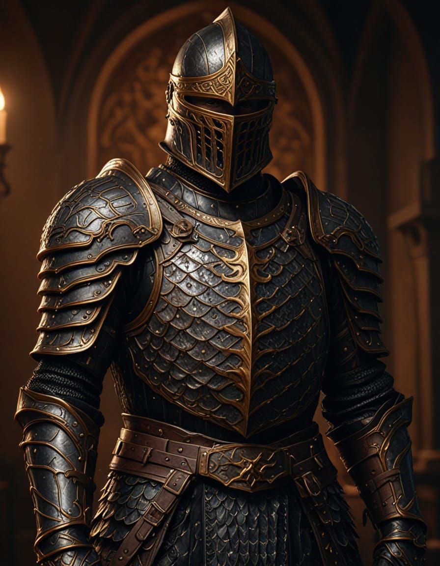 Knight in Gothic Scale Armor, Oil Painting