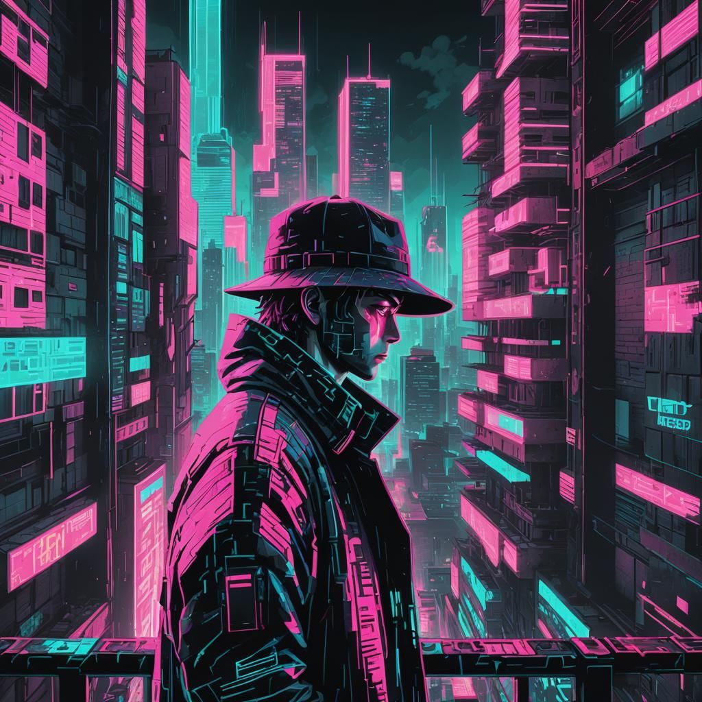 Cyberpunk Pixel Art: Boy in Ruined City