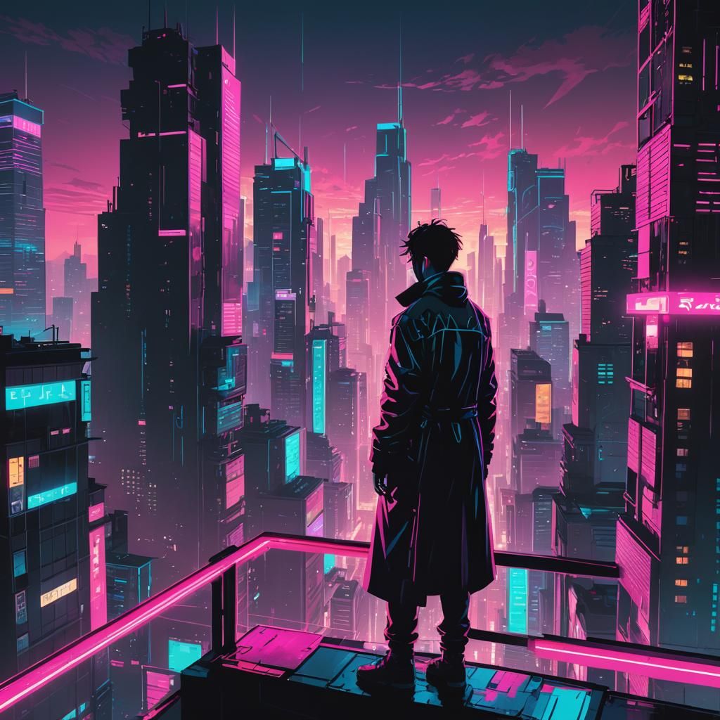 Cyberpunk Boy in Neon Cityscape at Dusk