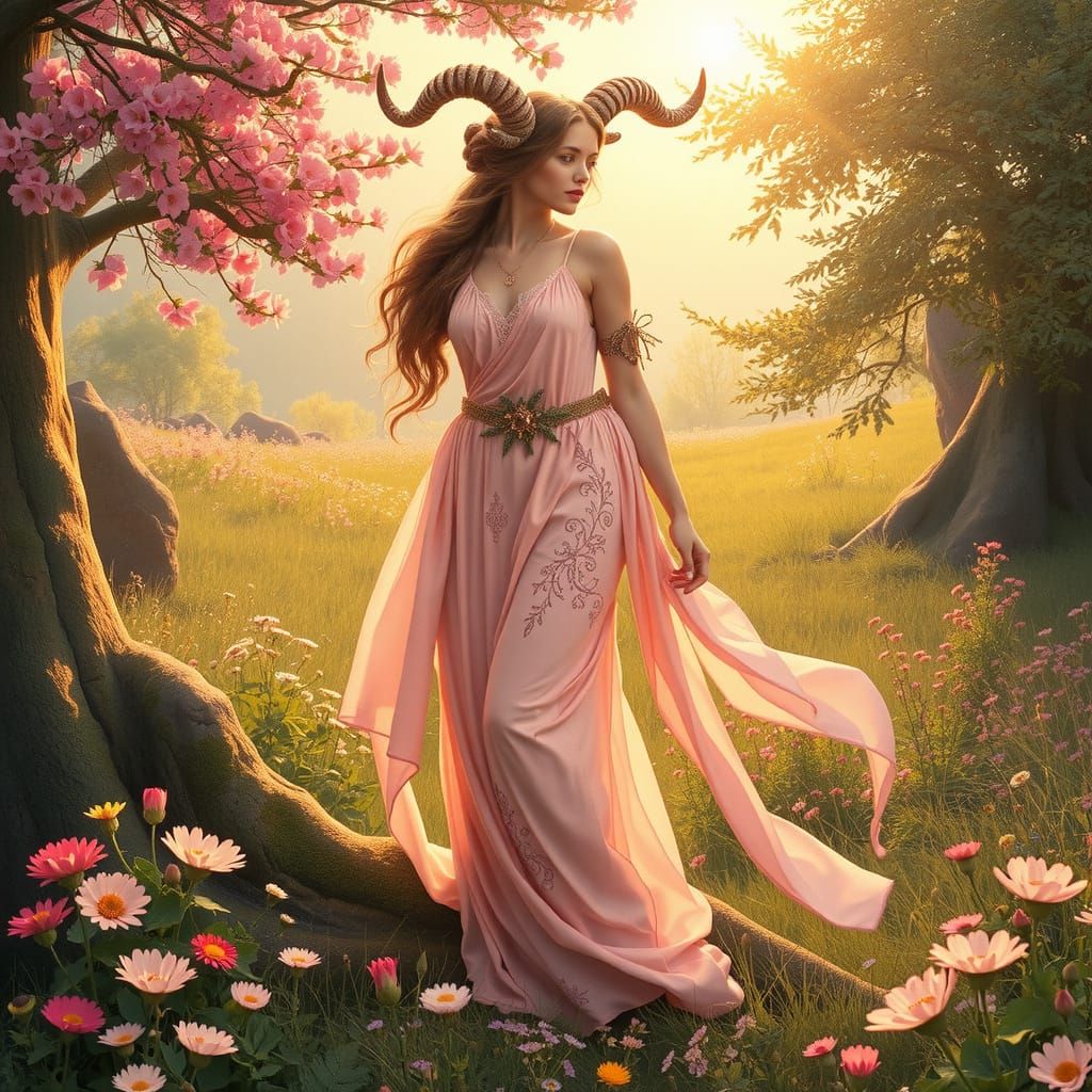 Sensual Pink Goddess of Earthly Delights in Art Nouveau Styl...