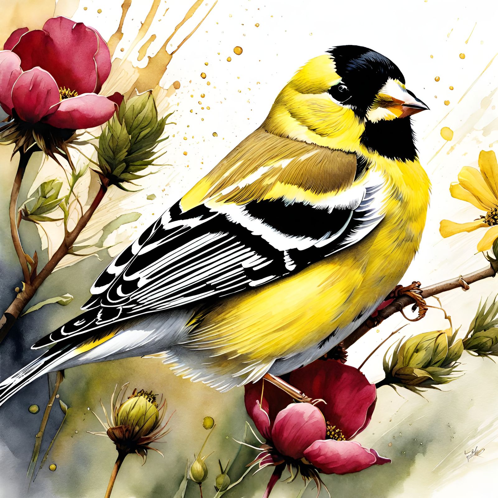 American Goldfinch Watercolor Illustration in Eastern Washin...