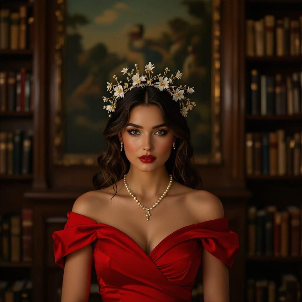 Woman with Rose Wreath in Digital Watercolor Style