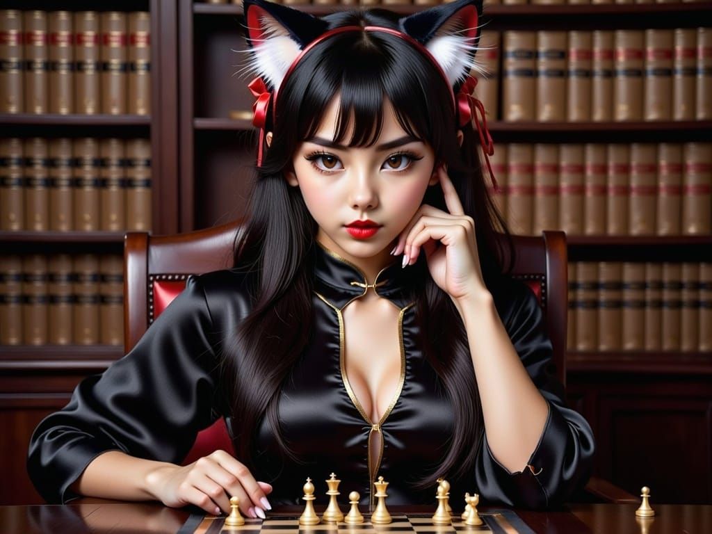 Elegant Catgirl Masters the Chessboard in a Whimsical Librar...