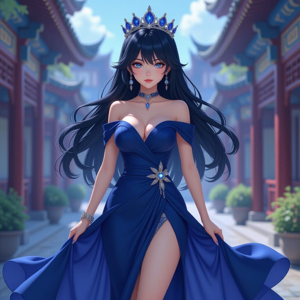 Anime Princess in Royal Blue Gown with Crown