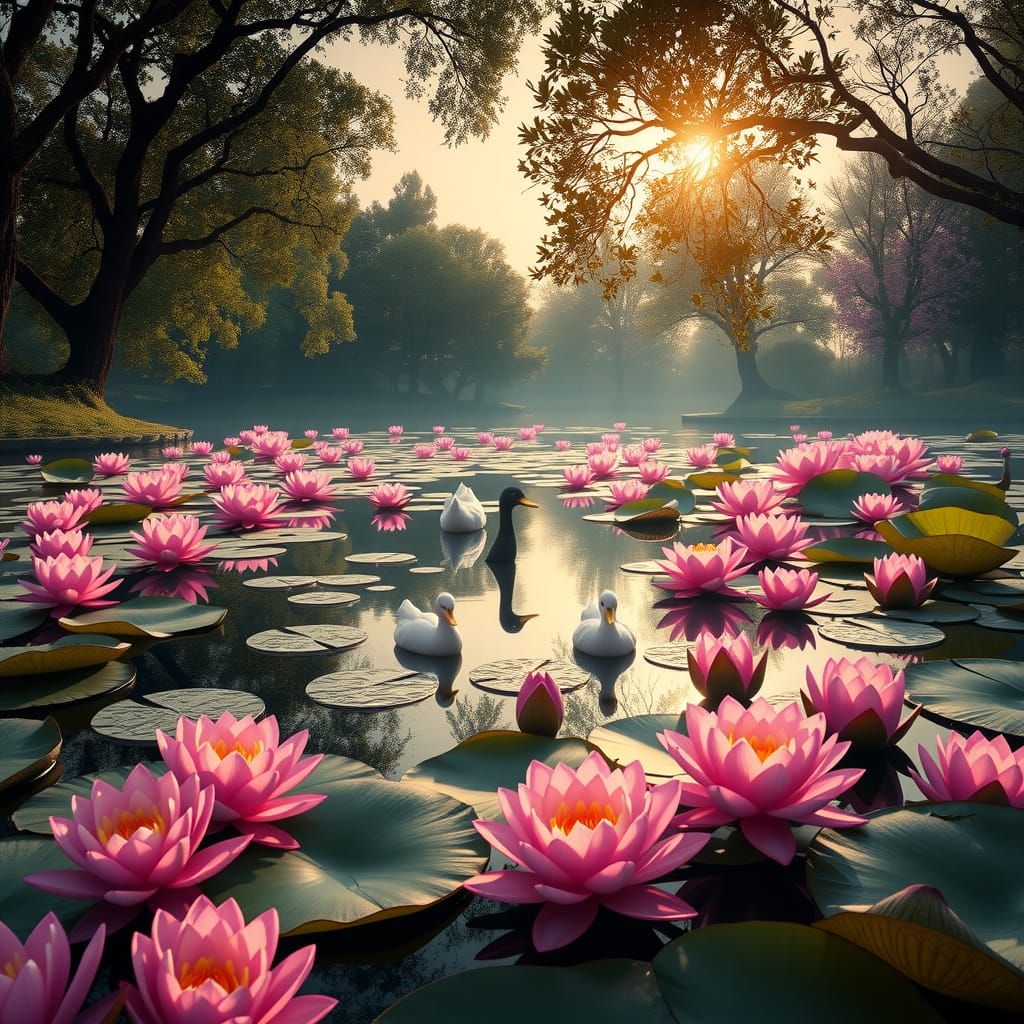 Ethereal Lotus Pond with Ducks: Fantasy Concept Art