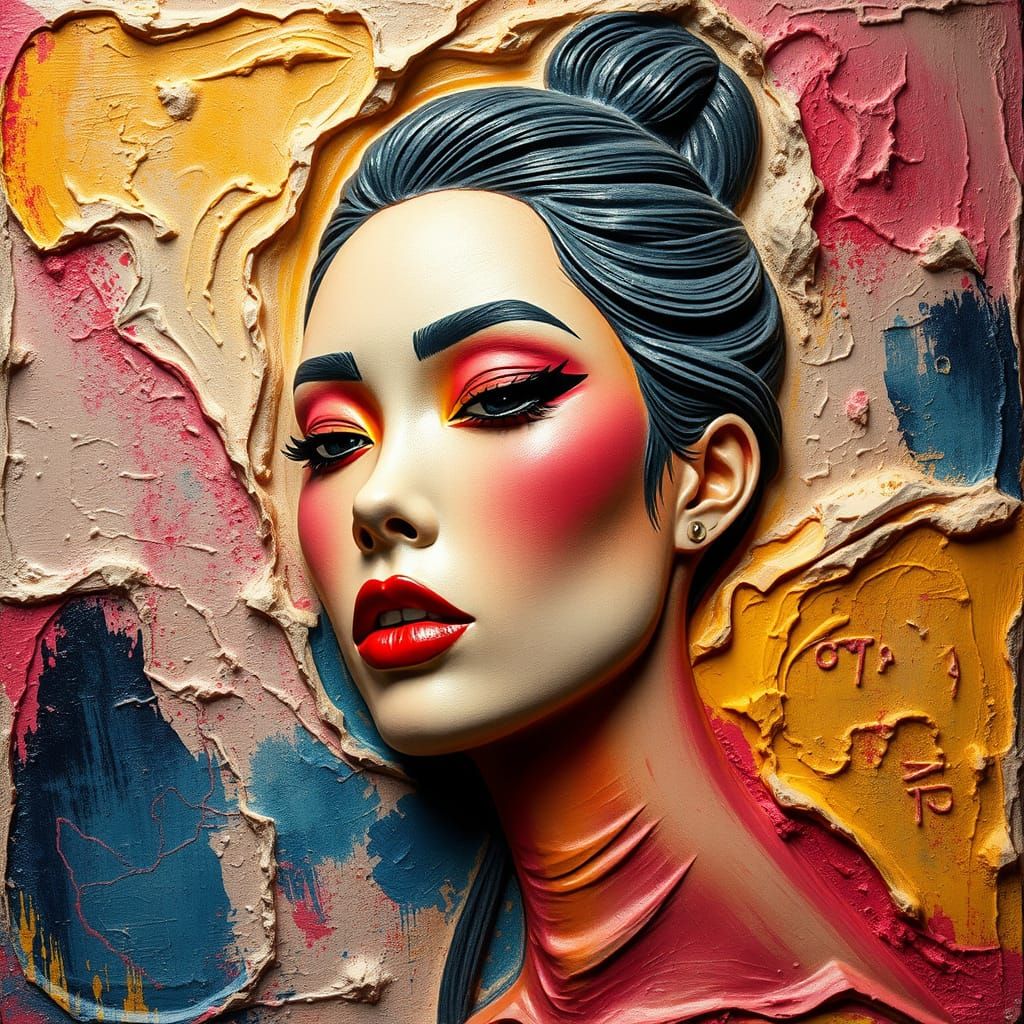 Vibrant Embossed Portrait with Bold, Harmonious Hues in a Ri...