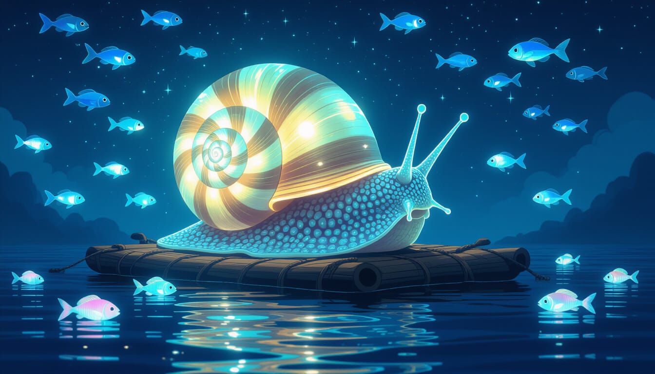 Bioluminescent Snail Floating in Ocean, Alphonse Mucha Style