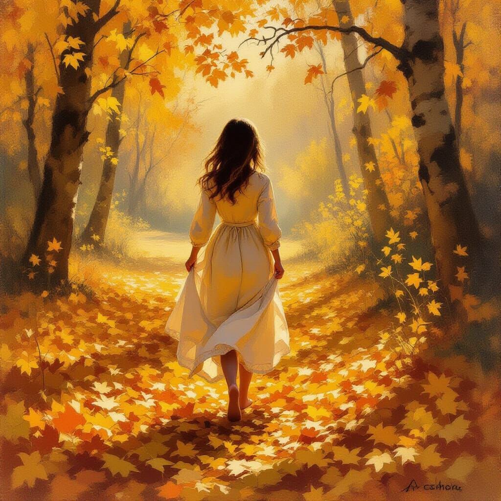 Girl in Long Train Dress Walks Barefoot on Golden Autumn Lea...