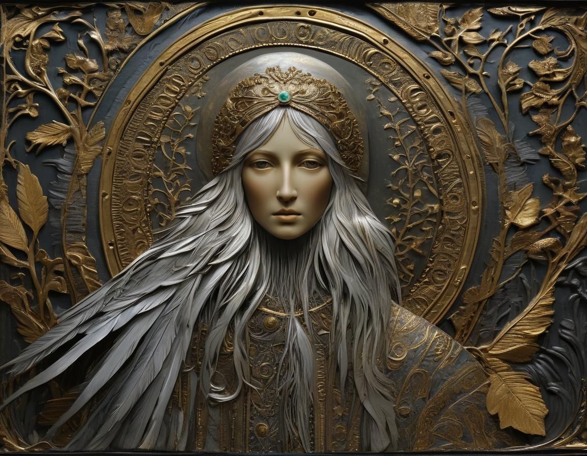 Feathered Crone Ikon in Embossed Tin Style