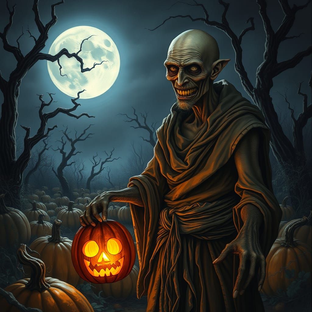 Creepy Man with Pumpkin Lantern in Eerie Moonlight