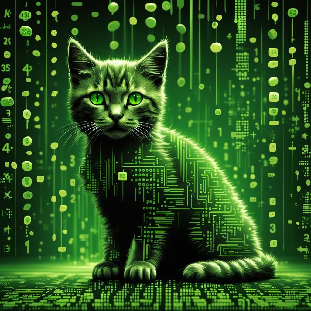 Matrix Kitten: Green Code Sci-Fi Concept Art