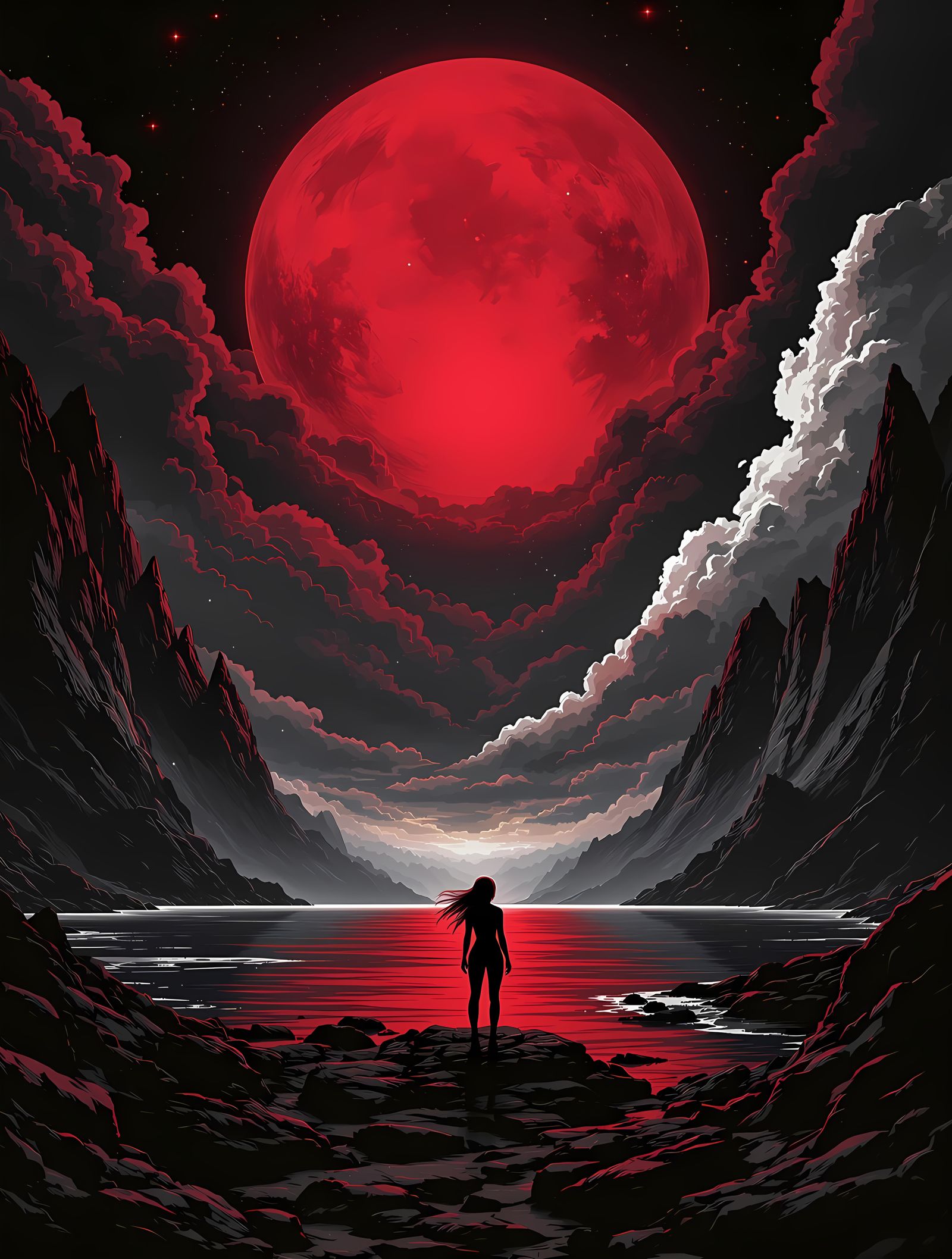 Mysterious Female Figure Against Red Moonlit Landscape