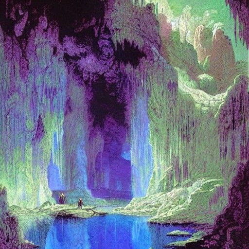 Crystal Cave with Reflective Pools in Oil Painting Style