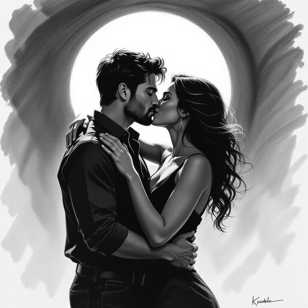 Passionate Couple Kissing Under Full Moon Charcoal Drawing