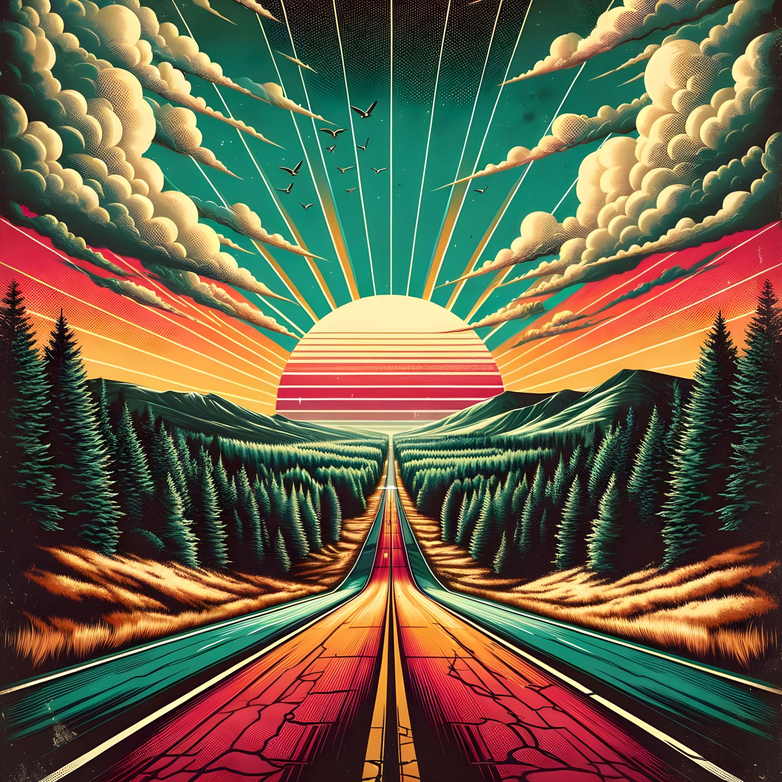 Psychedelic Road Trip at Sunset as Vintage Poster Art