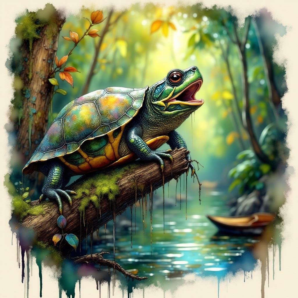 Macro Photo of Singing Turtle on Dewy Branch