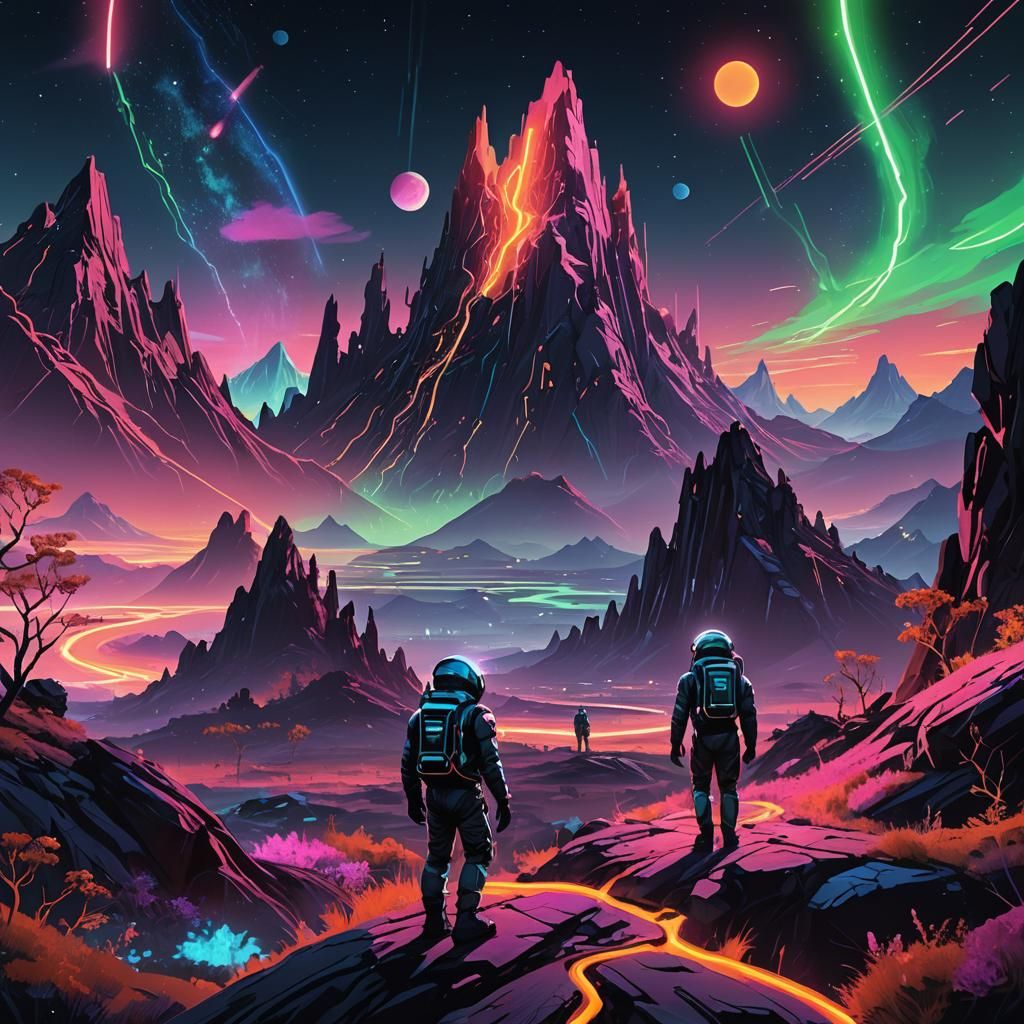 Astronauts in Magical Forest with Neon Circuits