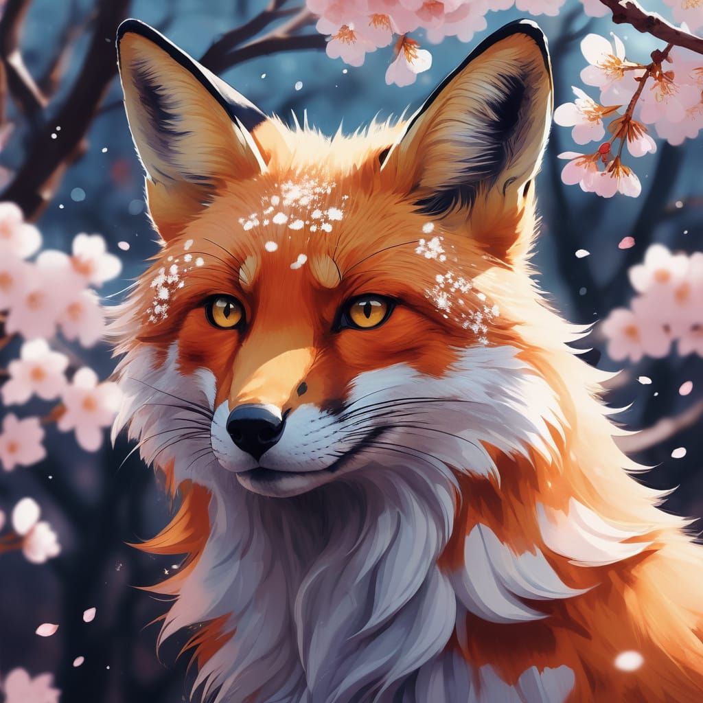 Vibrant Cherry Blossom Fox Portrait in Anime Style