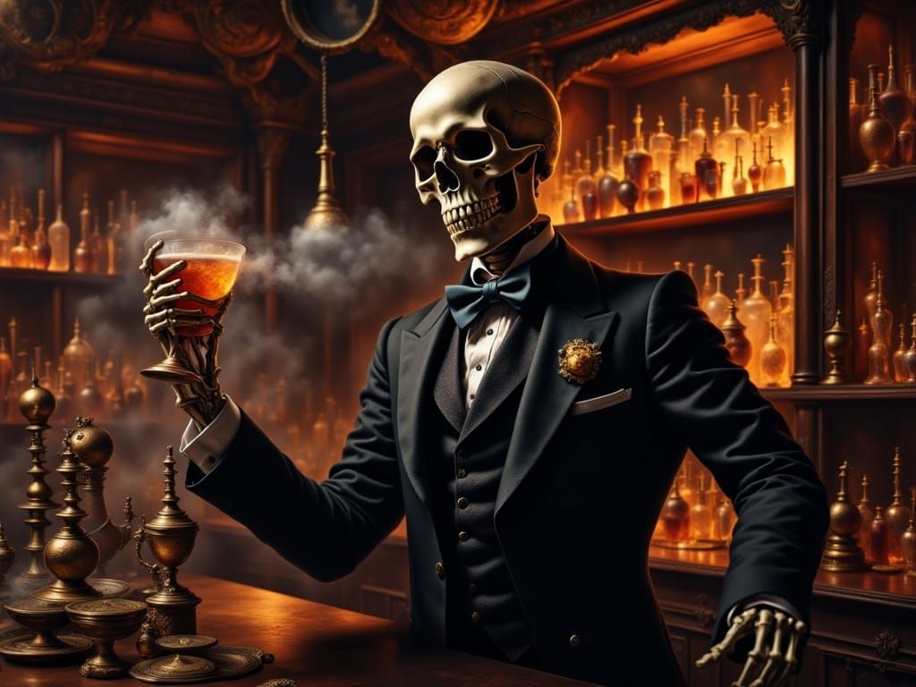 Skeleton Bartender in Ballroom: Realistic Photography