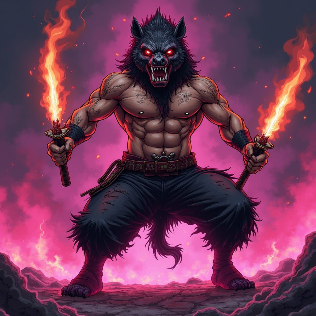 Fierce Boar Mask Warrior with Flaming Katanas