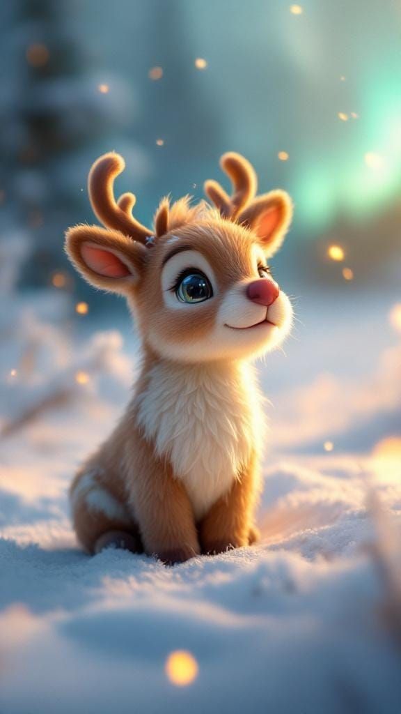 Felted Reindeer in Snowy Northern Lights Landscape