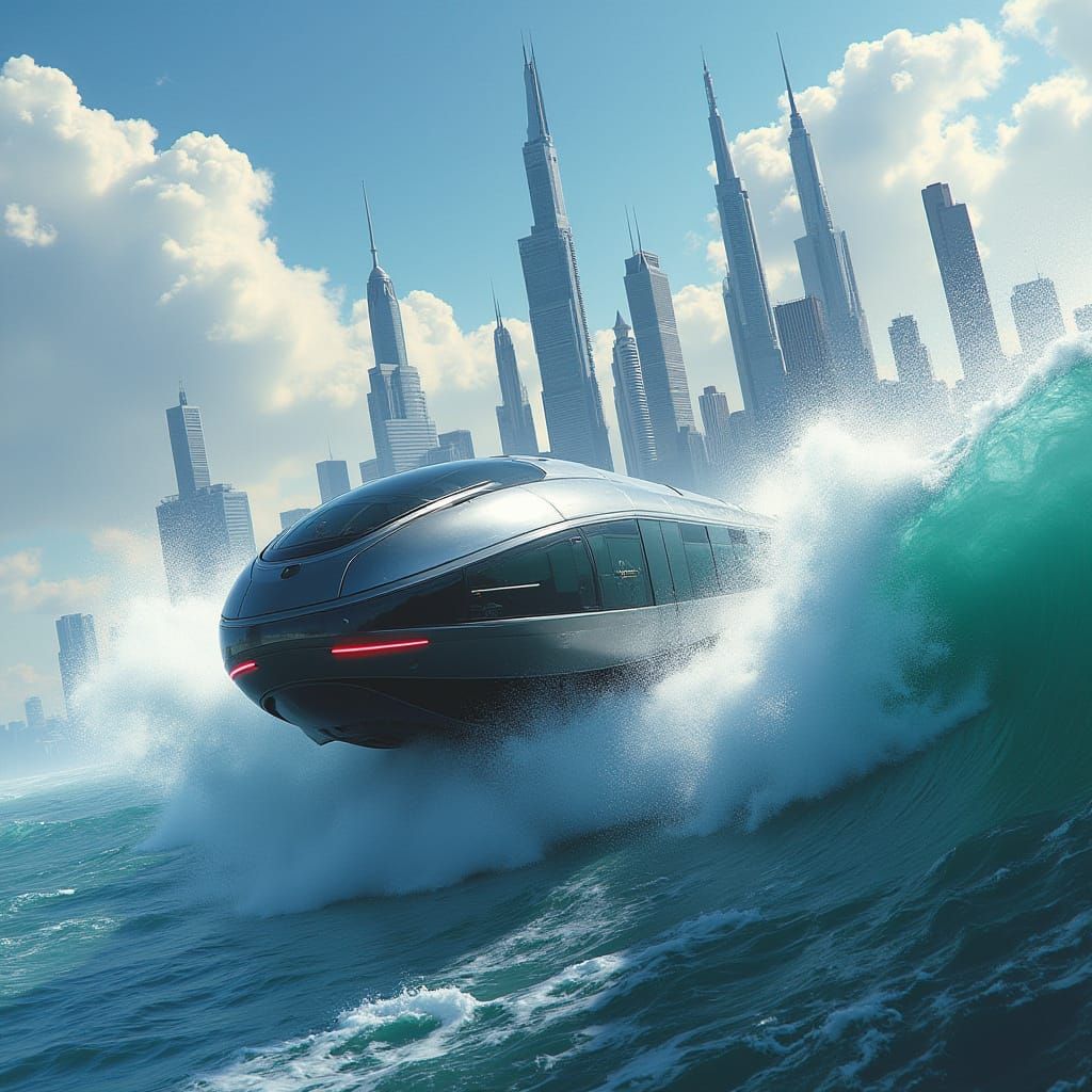 Futuristic Flying Train Ascends to Cyberpunk Metropolis