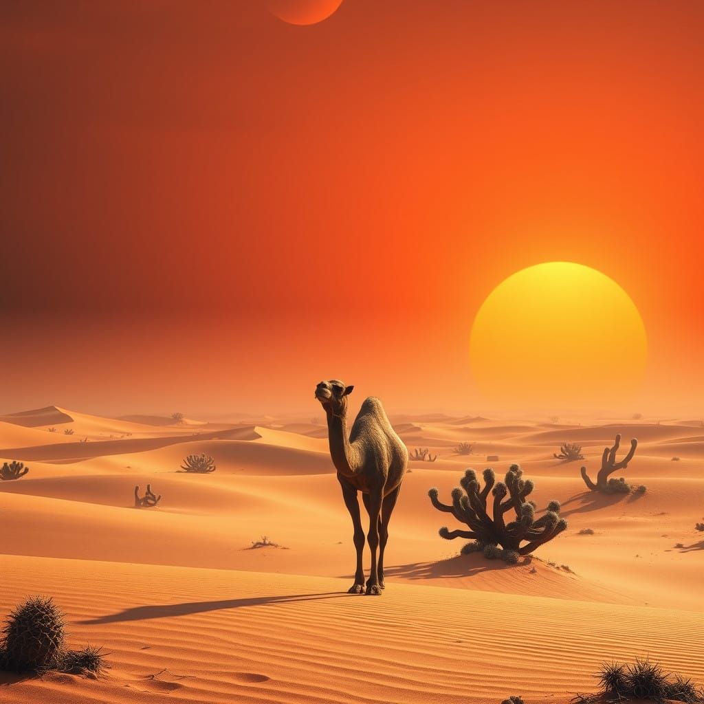 Lone Camel Stands Guard in Endless Desert Expanse