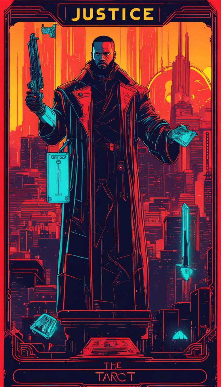 Cyberpunk Justice Tarot Card in Neon Style