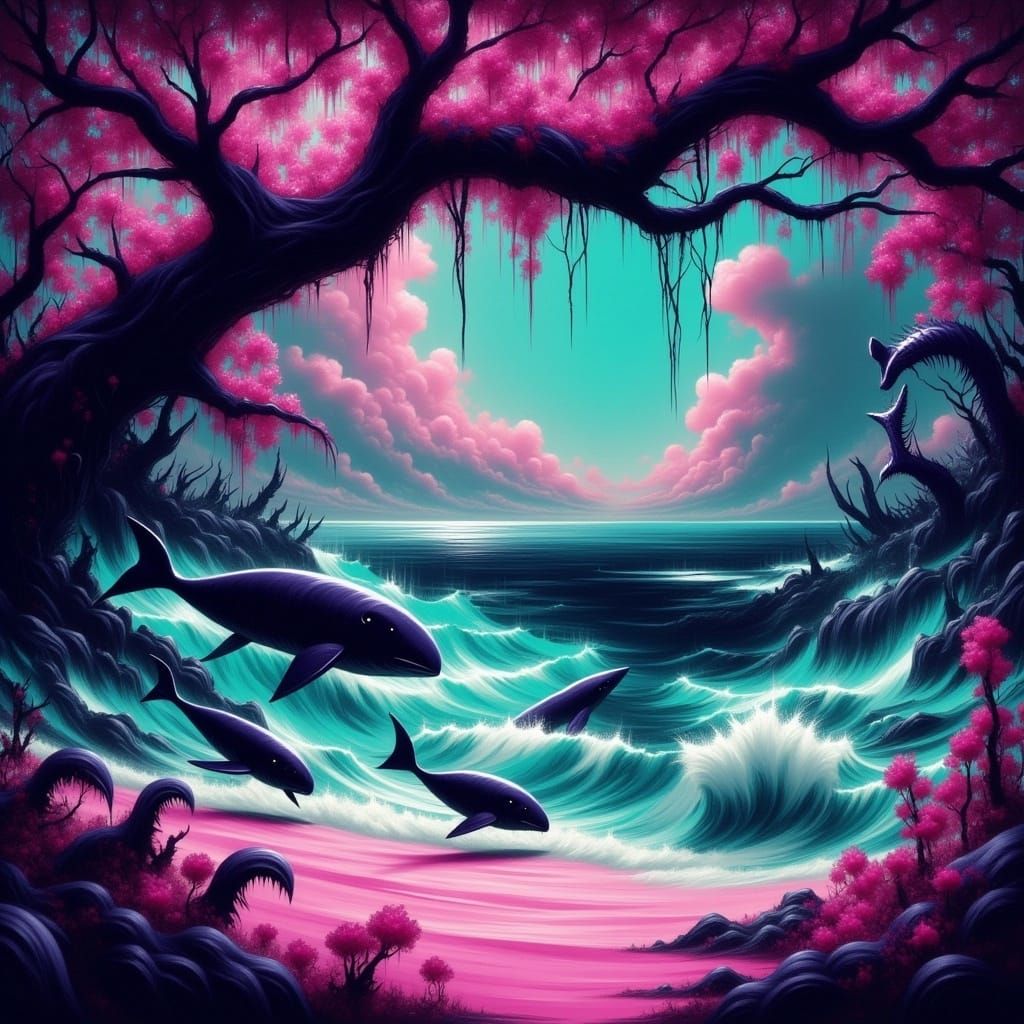 Porpoises Fleeing Alien Plants on Glowing Beach